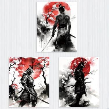Imagem de 3 peças de pôsteres de parede de samurai japonês para decoração de quarto estética, vermelho sol cerejeira estilo tinta impressão de arte de parede para quarto, escritório, dormitório, decoração