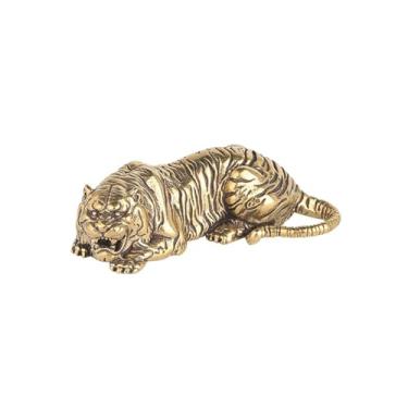 Imagem de SAINWORDS Estatueta de estátua de tigre metal cobre latão portátil tamanho mini escultura animal decoração casa escritório mesa decoração topo decoração carro painel ornamento (B)