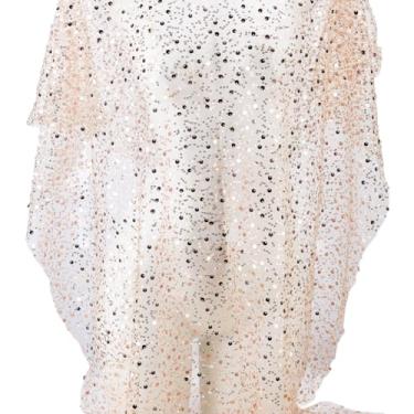 Imagem de MAYJOYDIY Tecido de tule bisque com glitter de 1 jarda com lantejoulas e miçangas 129 cm de largura lantejoulas pérola tecido de renda de tule macio para véus de casamento, vestido de noite, toalha de