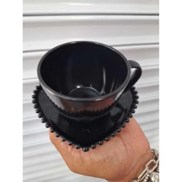 Imagem de Kit 6 Xícaras 180ml + 6 Pires Coração Borda de Bolinhas PLÁSTICO ACRÍLICO presente cantinho do café Mães(PRETO)