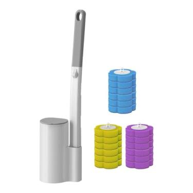 Imagem de Llazsybz 18 Escovas de Vaso Sanitário Descartáveis ​​com Suporte, Cabeças de Substituição, Cabo Ergonômico, Limpeza Eficiente, Material PP, Adequadas para a Li, Azul Roxo Amarelo, Tamanho real