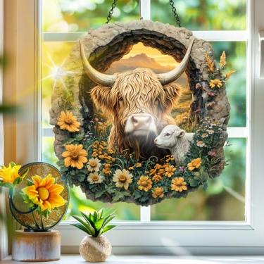 Imagem de Acrílico colorido, apanhadores de sol, decoração de janela pendurada de touro Highland, arte de parede de arco-íris, para varanda, interior e exterior, jardim, enfeites de Natal, decoração 19 x 19 cm