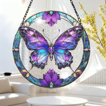 Imagem de 1 peça de decoração para pendurar apanhador de sol de acrílico colorido, borboleta roxa 18 cm, decoração de janela com design de vitral impresso, ideia de presente e ornamento de jardim, uso interno e