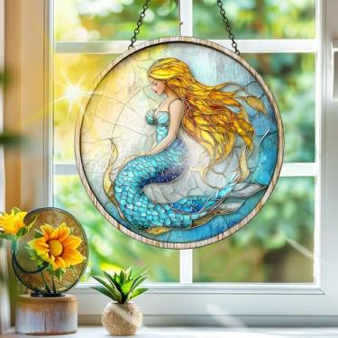 Imagem de Acrílico colorido, apanhador de sol, sereia mulher, decoração de janela pendurada, arte de parede de arco-íris, para varanda, interior e exterior, jardim, enfeites de Natal, decoração 19 x 19 cm CH#52