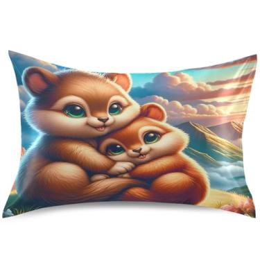 Imagem de Sweet Bear Cubs Mountain Art Capa de almofada de cetim refrescante travesseiro padrão queen king size almofadas de cama padronizadas, tamanho padrão, 66 cm x 50 cm