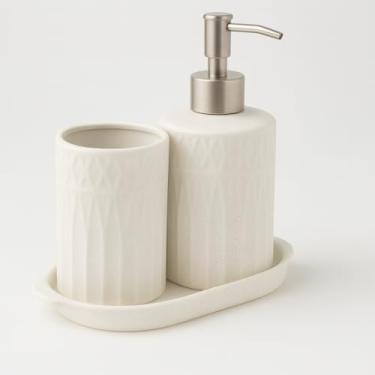 Imagem de Conjunto de Banheiro Pillars Cinza, 3 Peças em Cerâmica com Saboneteira, Porta Escova e Bandeja (Pillars/Branco)