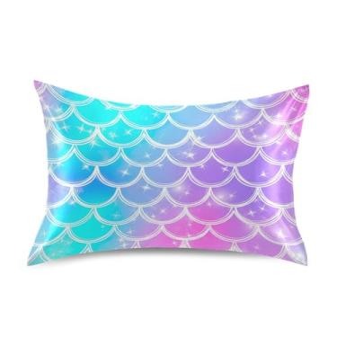 Imagem de Fronhas refrescantes lindas estampas de arte King Queen padrão fronhas fronhas de cetim capa de travesseiro estética tamanho queen 76.2 cm x 50.8 cm azul-petróleo roxo rosa sereia