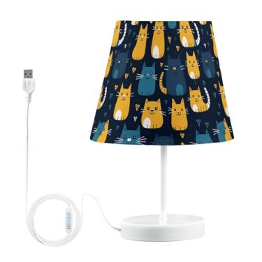 Imagem de Joisal Candeeiro de mesa de cabeceira padrão de gato amarelo azul com abajur de linho USB, luminária de mesa regulável