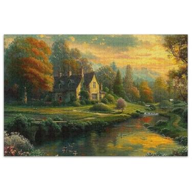 Imagem de Quebra-cabeça de paisagem campestre de casa de campo, 1000 peças, presentes de jogo de quebra-cabeça engraçado para adultos, quebra-cabeças coloridos, decoração de arte