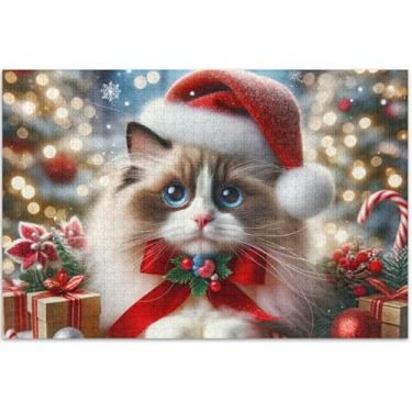 Imagem de Quebra-cabeça fofo de gato Ragdoll de Natal para adultos 1000 peças pintura de arte floral paisagem quebra-cabeça divertido bobo, 75 x 40 centímetros