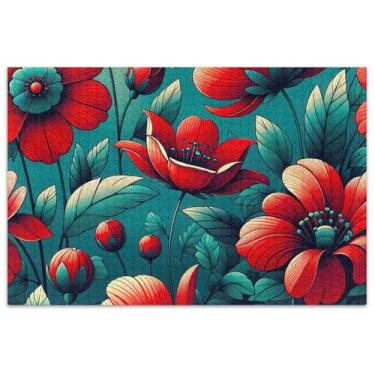 Imagem de Quebra-cabeça de flores vermelhas azul-petróleo para adultos 1000 peças de desenhos animados arte animal quebra-cabeça família amantes presentes