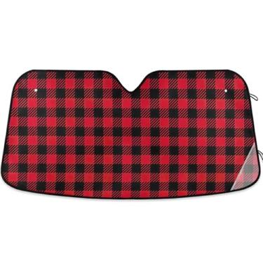 Imagem de Guarda-sol personalizado xadrez vermelho e preto para para-brisa de carro engraçado retrátil dobrável para-brisa frontal impressão animal automotivo P, 134,6 cm x 59,7 cm