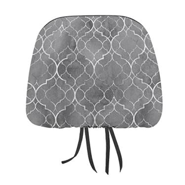 Imagem de Azulejos marroquinos prateados sem costura com linhas geométricas douradas 2 peças capas protetoras de encosto de cabeça para assento de carro universal, capa macia para encosto de cabeça de carro