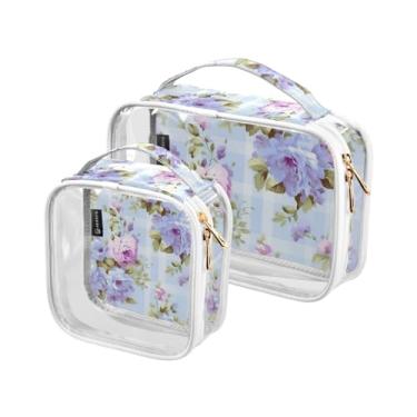 Imagem de GAIGEO Conjunto de abóboras de Halloween em preto transparente, bolsa de cosméticos com zíper, bolsas de viagem de maquiagem para mulheres, pacote com 2, Flor roxa e azul floral - 3, one size