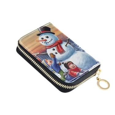 Imagem de Carteira de couro feminina com bloqueio de RFID, porta-cartões de crédito, pequena carteira de viagem com chaveiro inverno Natal boneco de neve Natal