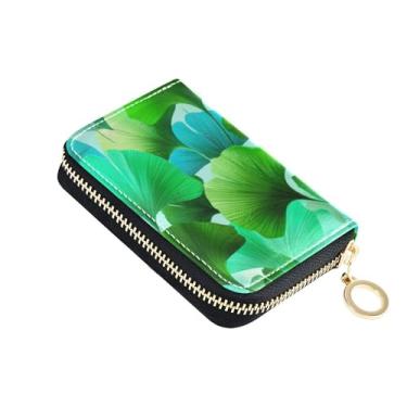 Imagem de Carteira feminina com zíper e bloqueio de RFID, linda bolsa de moedas de couro com zíper vibrante folhas de ginkgo verde