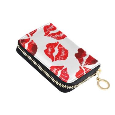 Imagem de GAIGEO Batom vermelho Kiss Marks Carteiras femininas brancas com zíper em torno de bloqueio de RFID, porta-cartões de couro fofo com zíper e porta-dinheiro