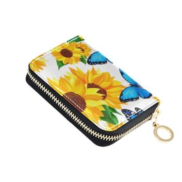 Imagem de Carteira feminina de couro com bloqueio de RFID, carteira feminina com zíper e zíper girassóis brilhantes borboletas azuis