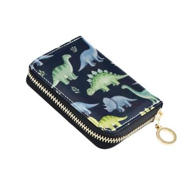 Imagem de Carteira feminina colorida de dinossauros em aquarela para cartão de crédito com bloqueio de RFID, pequena bolsa de moedas com zíper com chaveiro