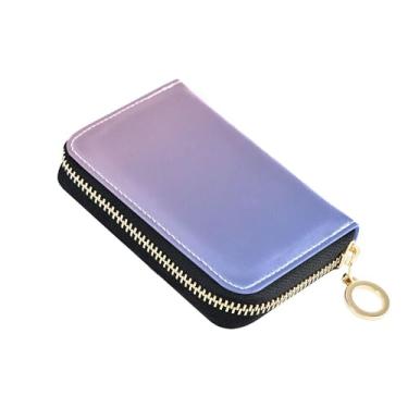 Imagem de Carteira feminina gradiente azul rosa blush pequena com bloqueio de RFID, carteira de cartão de crédito com zíper fofo, carteira de viagem com chaveiro