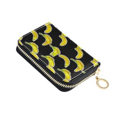 Imagem de Carteira feminina de couro com porta-cartões com bloqueio de RFID, pequena carteira com zíper e bolso para moedas, amarelo banana preto desenho animado
