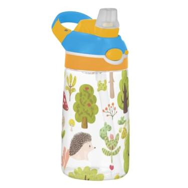 Imagem de Cute Cartoon Green Hedgehogs Plants Garrafa de água infantil para escola, 473 ml, 473 ml, garrafa de água esportiva Tritan com canudo, copo infantil portátil reutilizável, alça de transporte