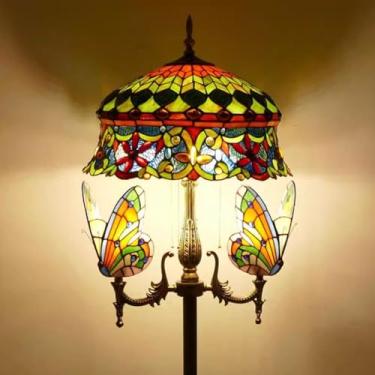 Imagem de Luminária de chão Tiffany com decoração natalina, libélula, borboleta, rosa, uva e chapéu barroco [5 lâmpadas][40,6 cm L x 165 cm A] Luminária de leitura de vitral para sala de estar e quart