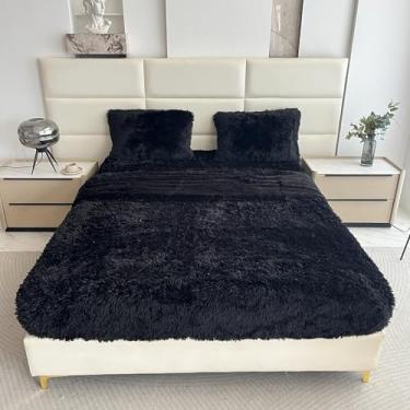 Imagem de chovy Jogo de lençol Queen preto de pele sintética com flanela de veludo de pelúcia extramacia, felpudo (2 fronhas, 1 lençol de cima, 1 lençol com elástico)