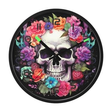 Imagem de SEHANY Relógio artístico de parede de caveira silencioso, sem tique-taque, relógio redondo operado por bateria, controle de som, luz noturna, relógios de parede para sala de estar, cozinha, quarto
