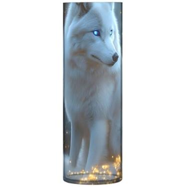 Imagem de Vaso de centro de mesa de cilindro animal lobo branco personalizado bonito vaso alto decorações de plástico para quarto, 30 cm x 9,9 cm