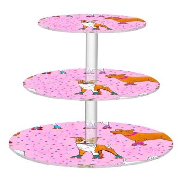 Imagem de Suporte de cupcake de 3 níveis, para chá de chá, chá de bebê, torre de cupcake, para cães brincalhões, patins, bandejas de servir rosa para festas, sobremesas, decoração de mesa, desenho animado