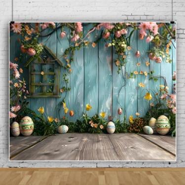 Imagem de Leowefowa Pano de fundo de páscoa 3 x 2,4 m primavera ovos coloridos planta floral fotografia fundo rústico de madeira azul coelho tema recém-nascido chá de bebê decoração de festa de aniversário