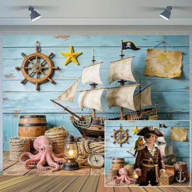 Imagem de Cenário de aventura pirata de 3 x 2 m, baú de tesouro de navio pirata, polvo, mapa náutico, aventura marítima, fotografia, tema pirata, festa, bolo, decoração de mesa, adereços de cabine de fotos