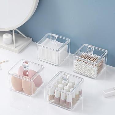 Imagem de Suporte Qtip quadrado de acrílico transparente - Pote organizador de bancada de banheiro para cotonetes, redondos e esponjas de maquiagem (pacote com 1)