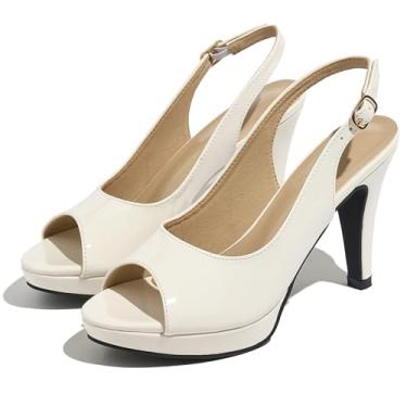 Imagem de Lyngixko Sapato feminino sexy de salto alto peep toe tira no tornozelo plataforma bloco slingback sapato feminino, Off-white, 41