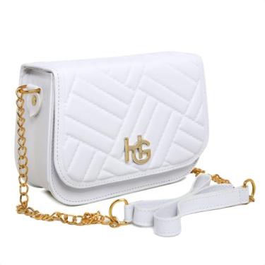 Imagem de Bolsa Transversal Feminina Preta, Alça de Corrente Dourada, Design Matelassê, Detalhe em Metal HG (branco)