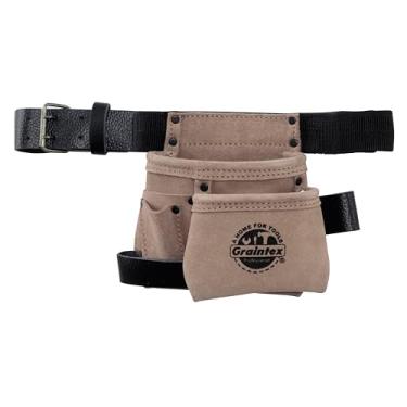 Imagem de Graintex SS2236 Bolsa de ferramentas infantil com 4 bolsos, cor bege, couro de camurça com cinto de couro e laço para martelo