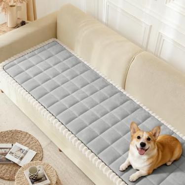 Imagem de Arfntevss Capas de assento Dog Love para sofá com 2 almofadas de veludo lavável para cães que aceitam animais de estimação sofá felpudo protetor de pelúcia antiderrapante (grade difusa cinza claro, 70