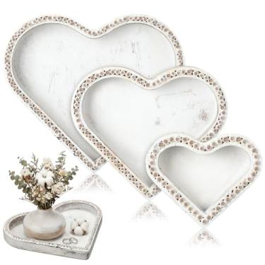 Imagem de Remerry 3 bandejas de madeira de coração de dia dos namorados, bandeja de madeira rústica em forma de coração, bandeja branca de contas lavadas para chaves de vela, joias, mesa de fazenda moderna
