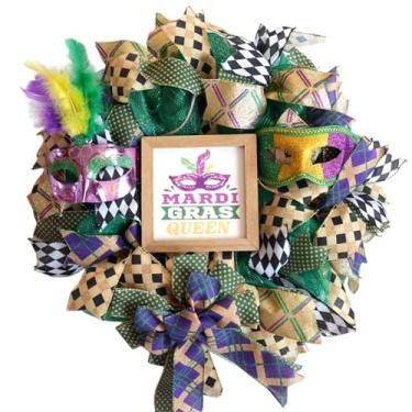 Imagem de TEMPUS Guirlanda de carnaval de 55 cm para porta da frente – fita xadrez feita à mão e guirlanda de malha com máscaras de glitter, placa de madeira para decoração de varanda coberta/interna