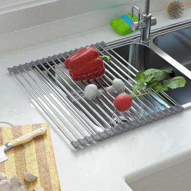 Imagem de CHIRISEN Escorredor de pratos grande expansível com 18 tubos 53 x 30 cm dobrável sobre a pia escorredor de pratos de silicone antiderrapante para bancada de pia de cozinha (cinza)