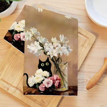 Imagem de Toalhas de cozinha de flores coloridas, toalha de chá macia absorvente, panos artísticos de waffle de gato para cozinha, banheiro, sala de estar, casa, presentes para amantes de gatos para mulheres