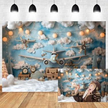 Imagem de Leyiyi Pano de fundo de avião de 1,5 x 0,9 m, nuvens brancas, céu azul, madeira, avião, aventura, tema de fotografia para meninos, decorações de festa de aniversário, recém-nascidos, adereços de
