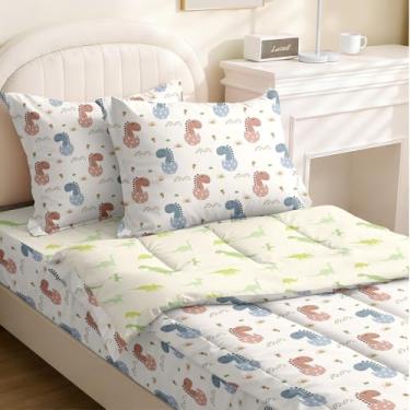 Imagem de Yadangxiawa Jogo de edredom infantil, solteiro com zíper, estampa de dinossauro, lençol com elástico e fronhas para todas as estações (dinossauro-B)