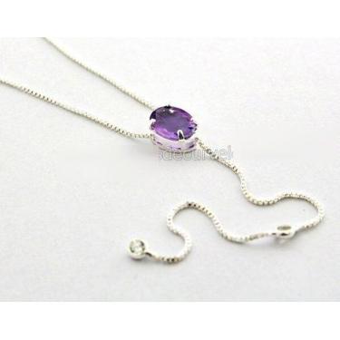 Imagem de Colar Gravata Pedra Ametista Gema Natural Prateado - CristaisdeCurvelo