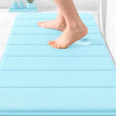 Imagem de OLANLY Tapete de banho listrado de espuma viscoelástica 76 x 50 cm, tapetes de banheiro absorventes super macios, secagem rápida, tapetes de chuveiro laváveis na máquina, tapete de banho, acessórios