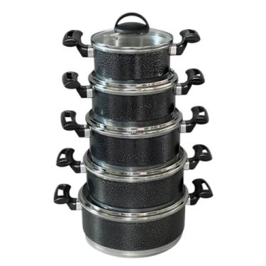 Imagem de Jogo Conjunto de Panelas Rafaela, 5 Peças, Reforçado com Tampa de Vidro, Preto Craqueado