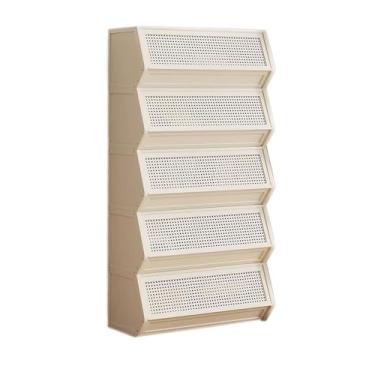 Imagem de Estante de armazenamento branca empilhável, prateleira organizadora de bambu, com tampa dobrável, portas de tecido de plástico, para escritório, suprimentos de livros, acessórios, prateleira de