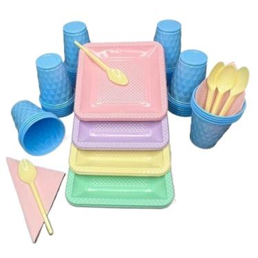 Imagem de Conjunto para festa de aniversário com 180 peças Pratos, copos, colheres e guardanapos em tons doces Serve 40 convidados(Sortidos 1)