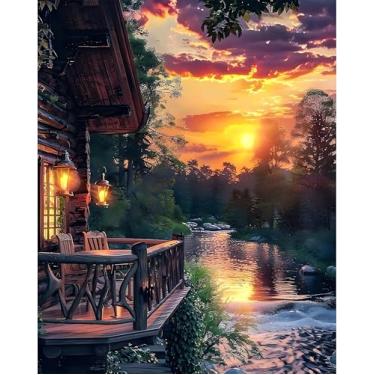 Imagem de EIBEILI Kits de arte de diamante para adultos, casa de madeira, pôr do sol, kits de pintura de diamante para iniciantes redondos 5D broca completa pontos de diamante artesanato para decoração de